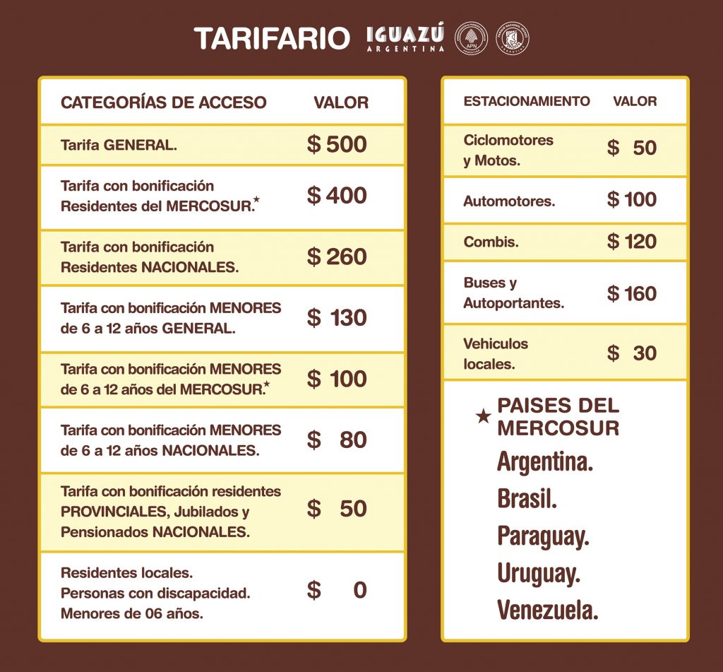 tarifario parque iguazu